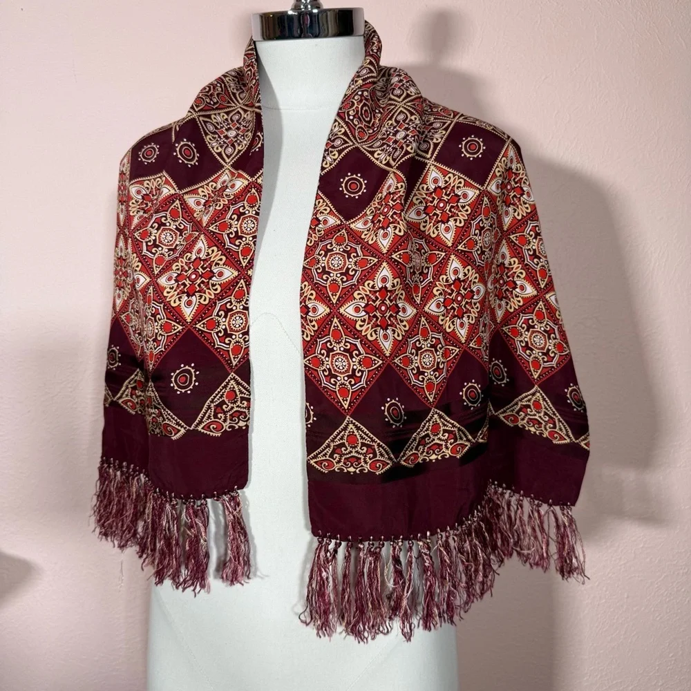 Vintage 1970’s Burgundy art deco Geometric Patterned Fringed Cravat Scarf